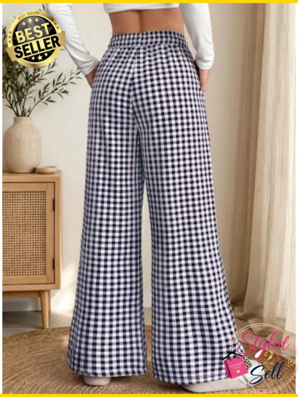 DIRASS Women High Waist Wide Leg Palazzo Pants 100% Cotton Gingham - Picture 2 of 6